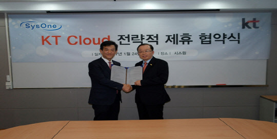 시스원(대표 이갑수)이 KT와 클라우드 제휴 협약을 체결했다고 7일 밝혔다. 이갑수 시스원 대표는 &quot;시스원과 KT는 두 회사가 가진 영업력과 기술력을 동원해 국내 클라우드 시장을 선도할 예정&quot;이라고 말했다. 이갑수 시스원 대표(오른쪽)가 기념촬영을 하고 있다. 시스원 제공